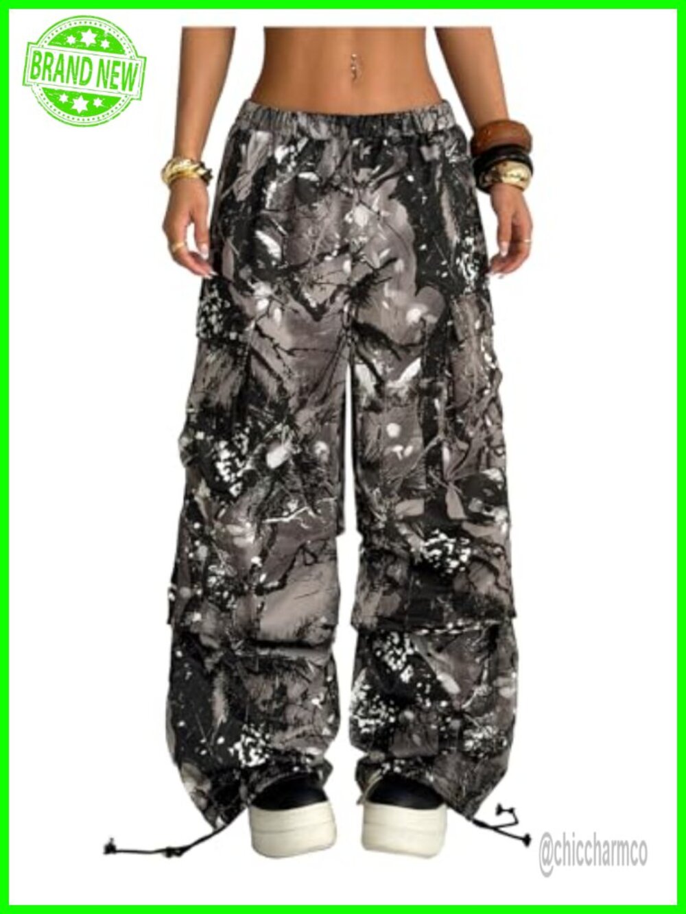 Camo Cargo Pants Y2K Elastic Waist Baggy Wide Leg Parachute Pants